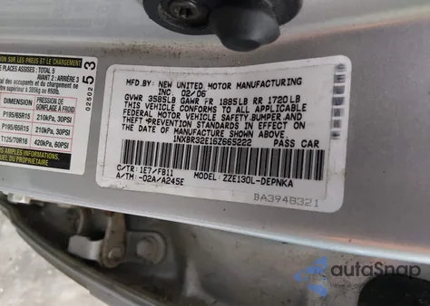 2006 Toyota Corolla Le из США, поврежденный, VIN 1NXBR32E16Z665222